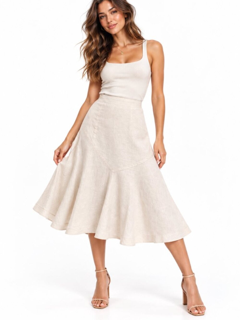Larry Levine Cream Linen A-Line Midi Skirt Flowy Panel 8 Preppy Coastal Chic
